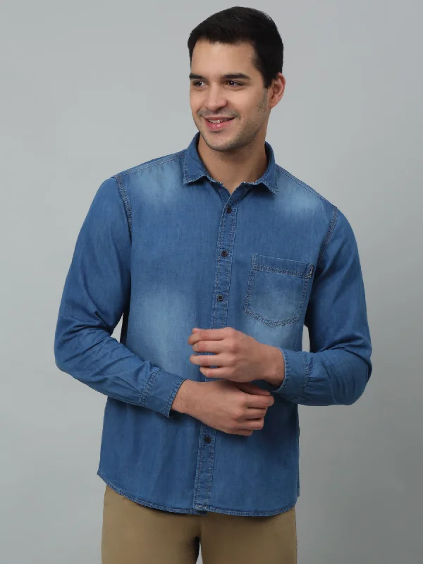 Men's Travel Shirts for Easy PackingMen's Mid Blue Casual Denim Full Sleeve Shirt