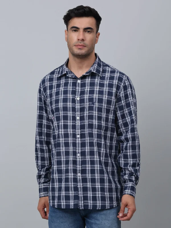 Layered Men's Henley ShirtsMen's Navy Blue Casual Medium Checks Full Sleeve Shirt