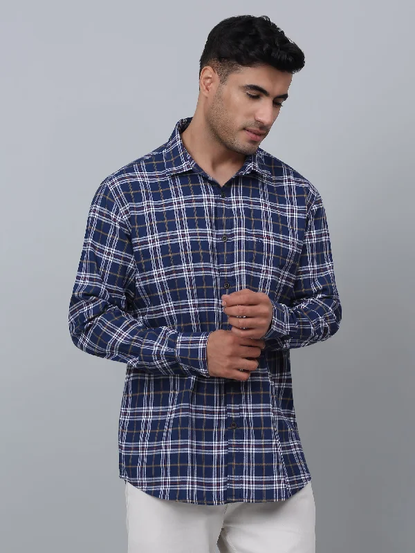 Men's Dressy Button-Down Shirts for Formal OccasionsMen's Navy Blue Casual Big Checks Full Sleeve Shirt