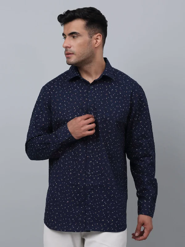 Men's Cowboy Shirts for Western StyleMen's Navy Blue Casual Ditsy Print Full Sleeve Shirt