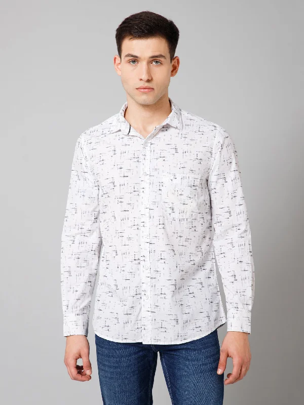 Men's Tab-Collar Shirts for a Crisp LookMen's White Casual Abstract Print Full Sleeve Shirt