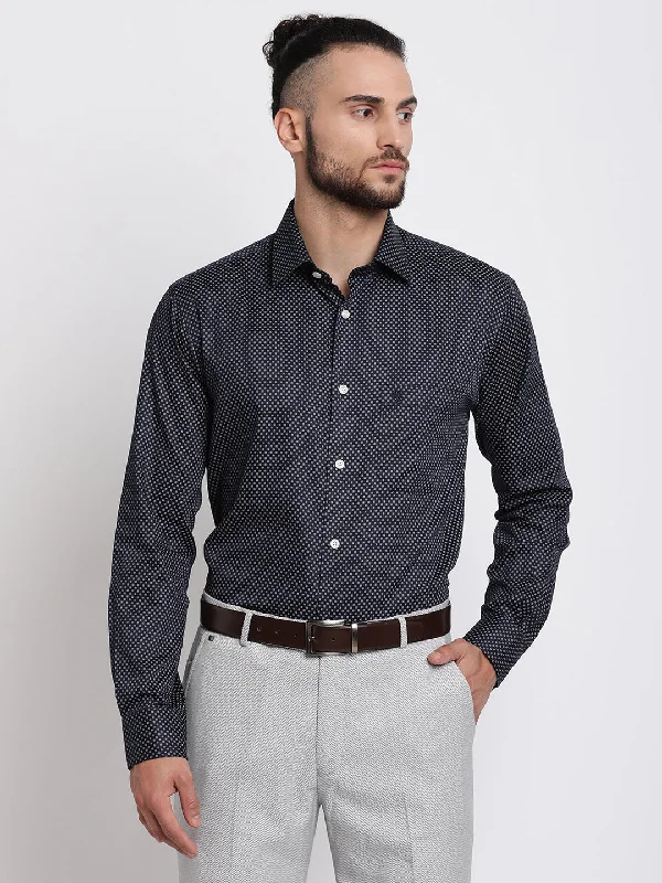 Men's Solid-Color Block Shirts for a Bold StatementMen's Navy Blue Casual Dot Print Full Sleeve Shirt