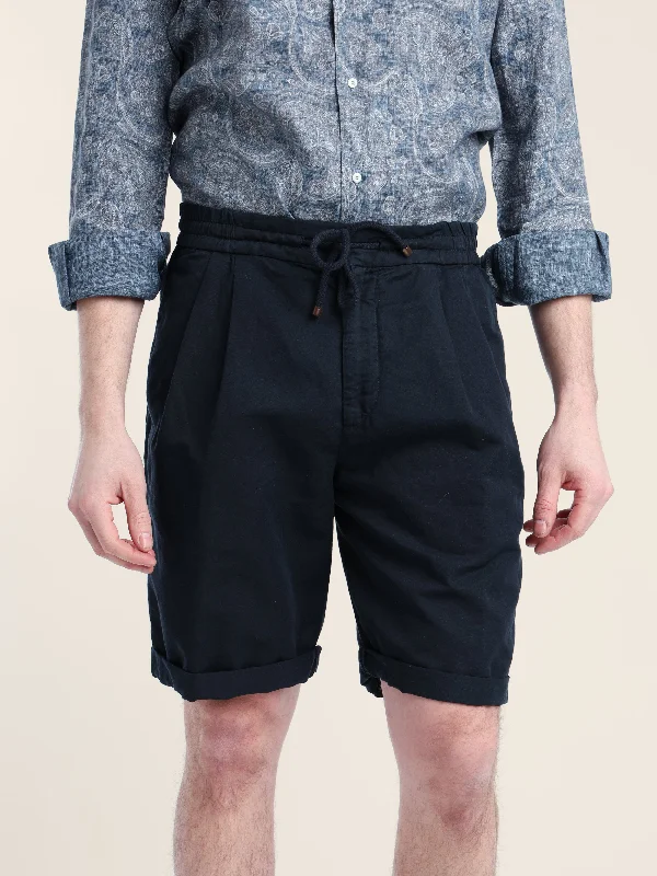 Men's Pants with Ripped and Distressed DetailsNavy Blue Garment-Dyed Linen-Cotton Bermuda Shorts