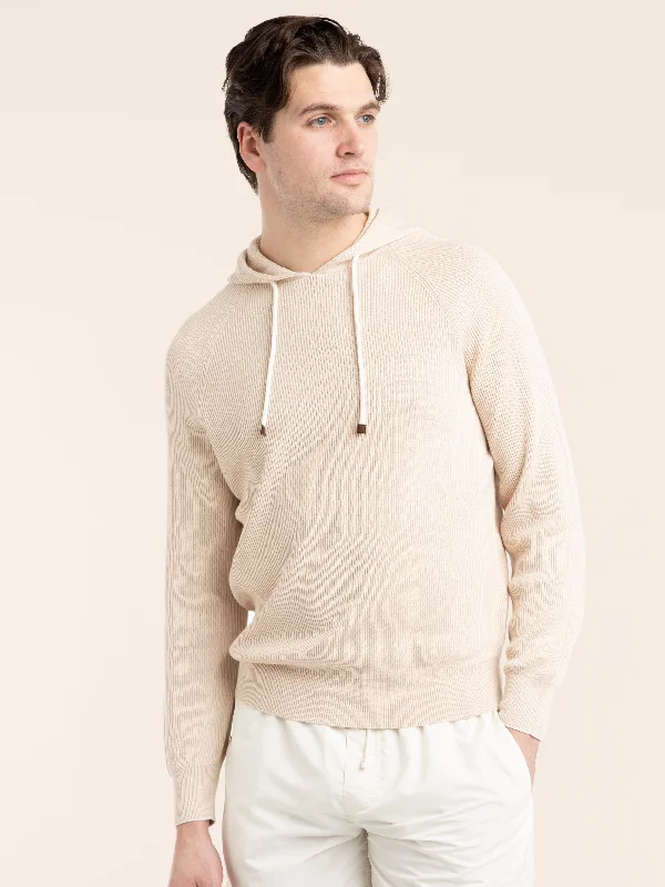 Men's Sweaters for Outdoor ActivitiesBeige Cotton English Rib Hooded Sweater