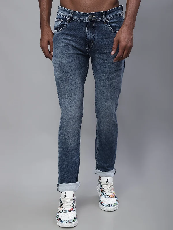 Men's Jeans with Fashionable RipsMen's Ultra Narrow fit Heavy Fade Dirty Blue  Jeans