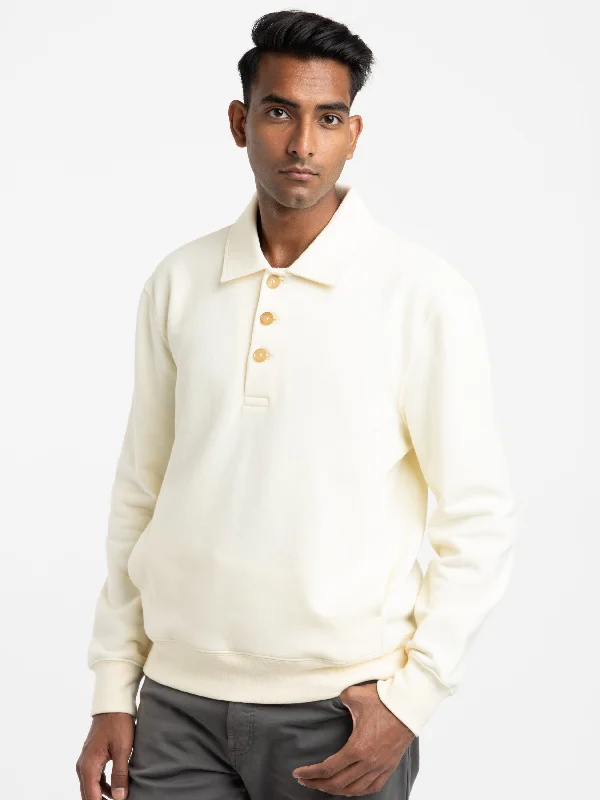 Men's Sweaters with Cable PatternsCream Cotton-Blend Polo Sweater