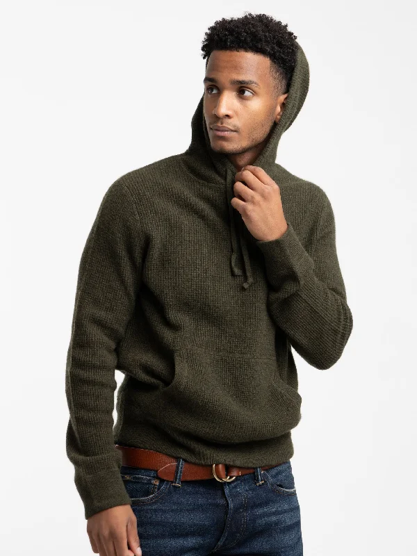 Men's Sweaters with Herringbone PatternsLeaf Green Heather Washable Cashmere Hooded Sweater