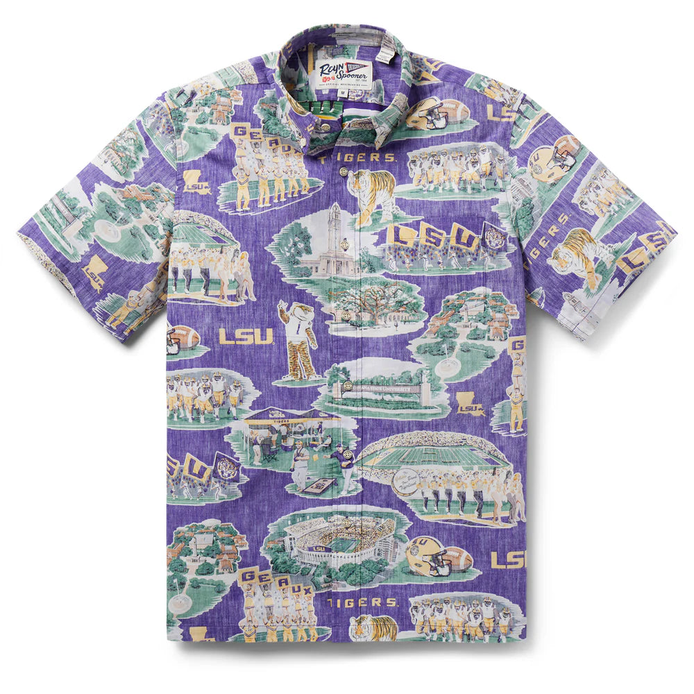 Men's Shirts with Single-Breasted DesignsLSU Tigers Men's Polo Reyn Spooner Scenic Classic BF Purple