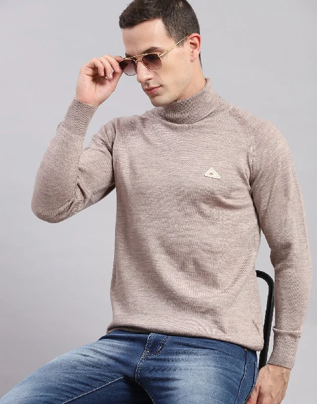 Stylish Men's Turtleneck SweatersMen Beige Solid H Neck Full Sleeve Sweaters/Pullovers