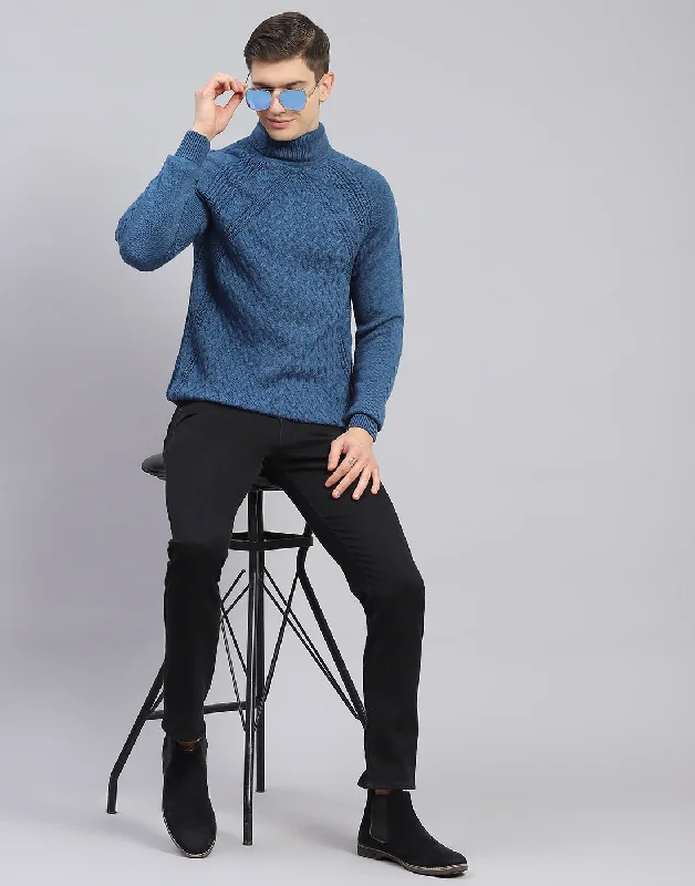 Men's Sweaters with Ribbed WaistbandsMen Blue Self Design H Neck Full Sleeve Sweater