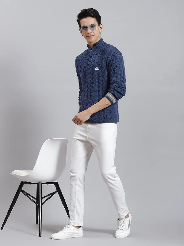 Fashionable Men's Crew-Neck SweatersMen Blue Self Design H Neck Full Sleeve Sweaters/Pullovers