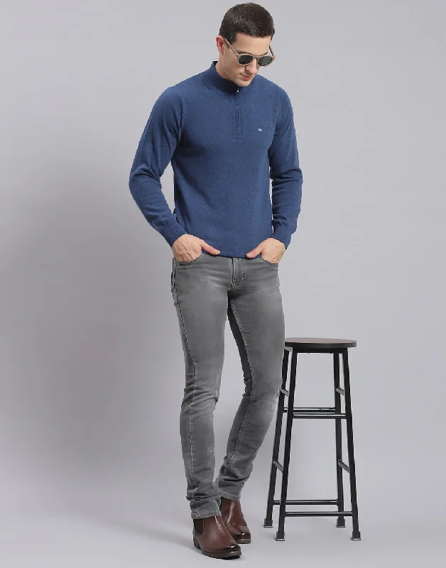 Durable Men's Acrylic SweatersMen Blue Solid H Neck Full Sleeve Sweater