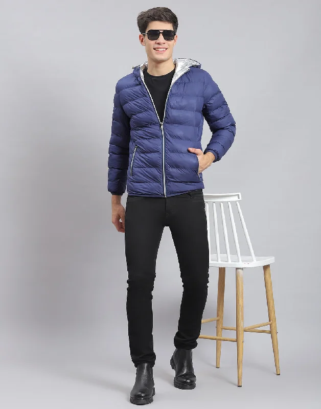 Men's Coats with Removable LiningsMen Blue Solid Hooded Full Sleeve Jacket