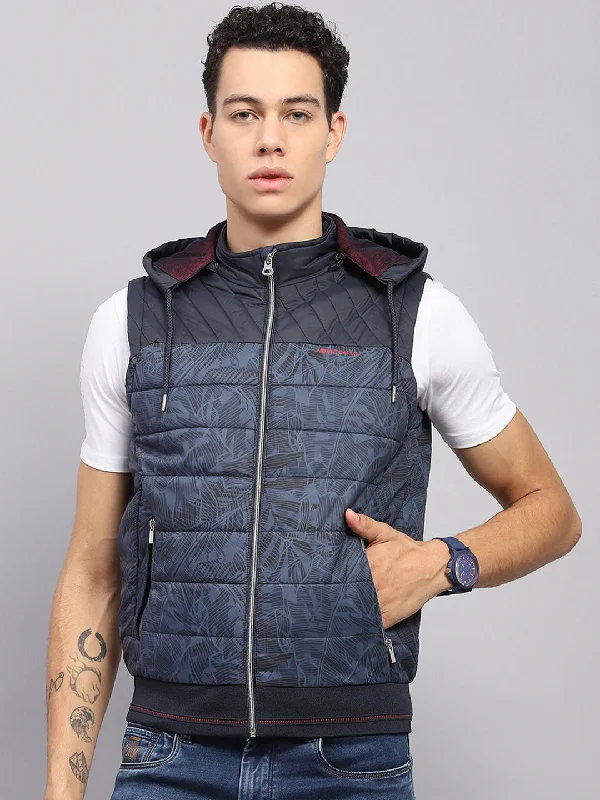 Men's Coats with Snap ButtonsMen Blue Solid Hooded Sleeveless Jacket