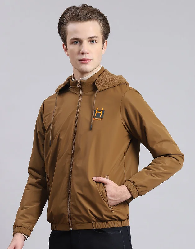 Men's Coats with Snap ButtonsMen Brown Solid Hooded Full Sleeve Jacket