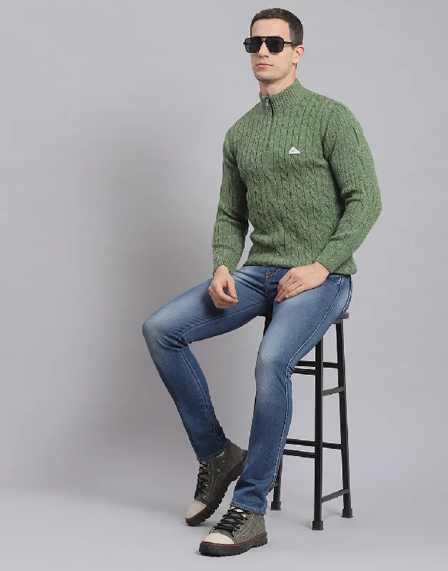 Men's Sweaters with Adjustable HemlinesMen Green Self Design H Neck Full Sleeve Sweater