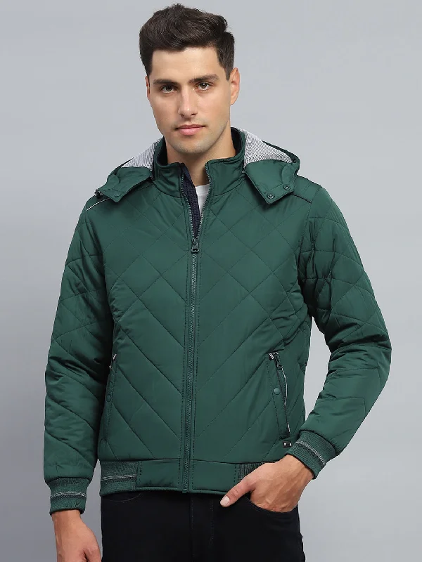 Men's Coats with Vintage StyleMen Green Solid Hooded Full Sleeve Jacket