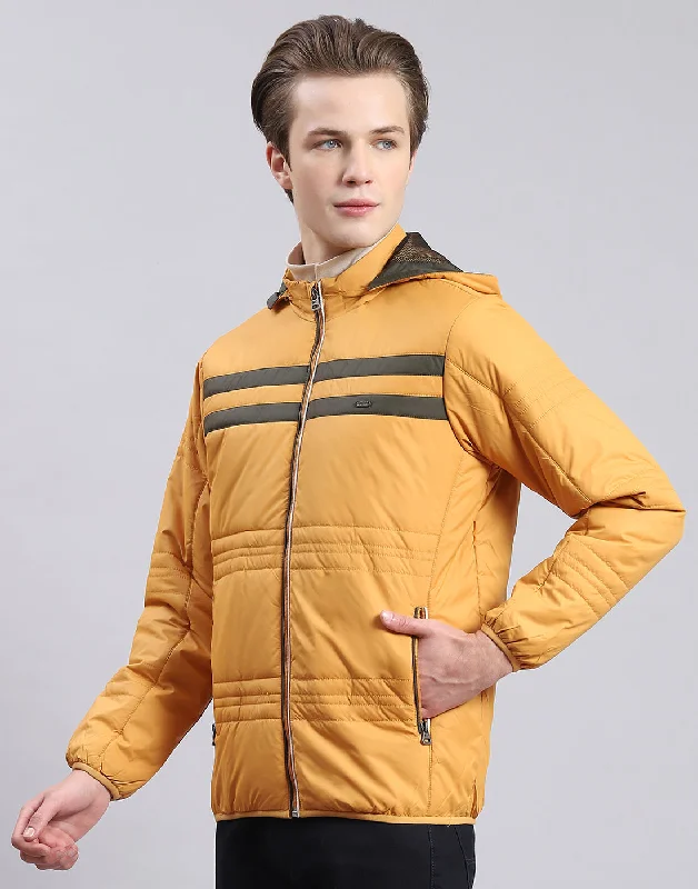 Unique Men's Flight JacketsMen Mustard Solid Hooded Full Sleeve Jacket