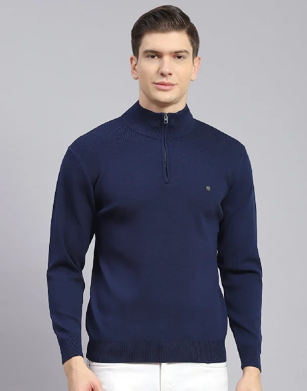 Men's Sweaters with Tapered ShapesMen Navy Blue Solid H Neck Full Sleeve Sweater