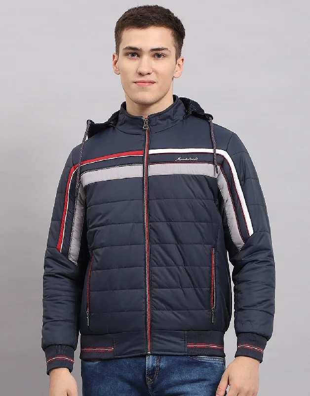 Men's Coats for Skinny MenMen Navy Blue Solid Hooded Full Sleeve Jacket