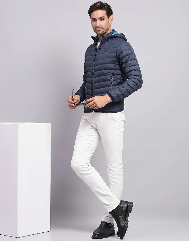 Men's Coats for Formal EventsMen Navy Blue Solid Hooded Full Sleeve Jacket