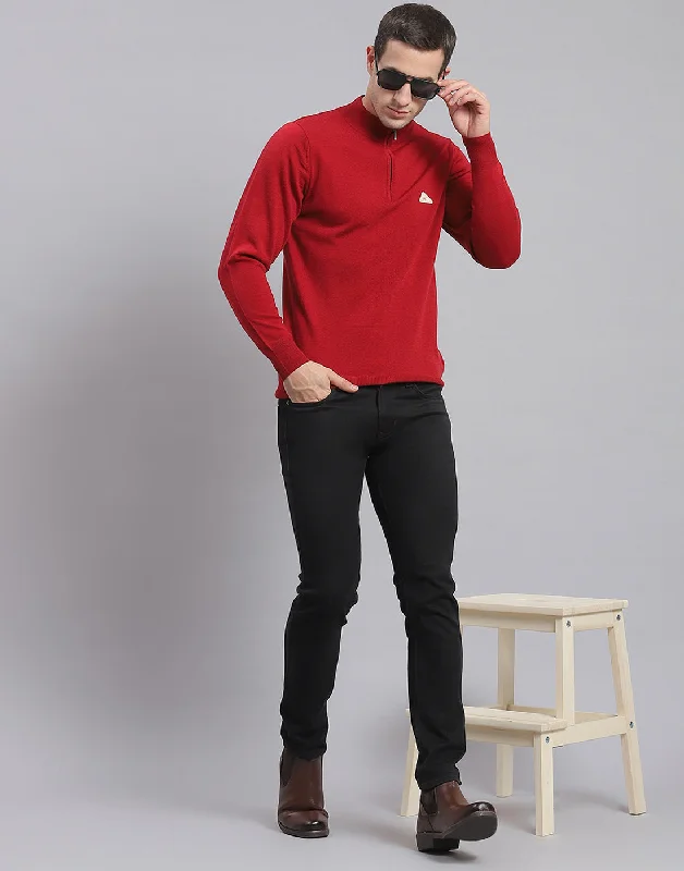 Comfortable Men's Cotton SweatersMen Red Solid H Neck Full Sleeve Sweater