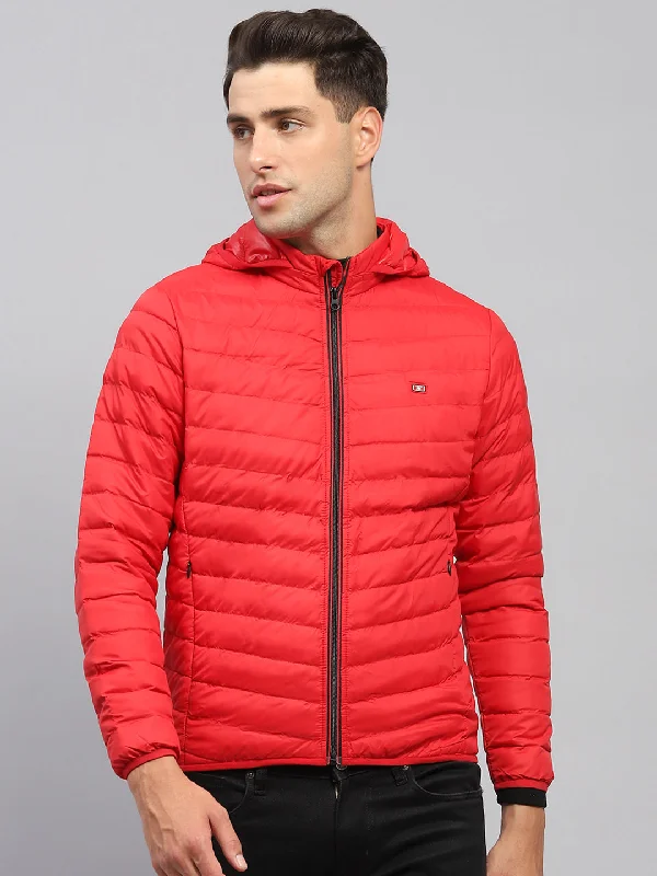 Men's Coats for Winter CampingMen Red Solid Hooded Full Sleeve Jacket