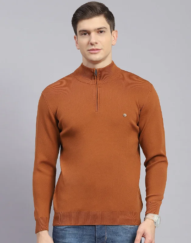 Men's Sweaters with Straight-Cut ShapesMen Rust Solid H Neck Full Sleeve Sweater