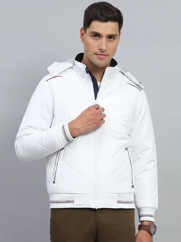 Men's Coats with Reflective StripesMen White Solid Hooded Full Sleeve Jacket