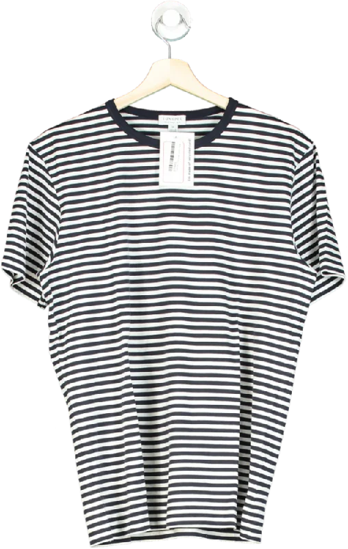 Men's Shirts with Button-Down PocketsSunspel Navy Striped T-Shirt UK M