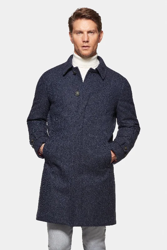 Men's Coats for SnowboardingCashmere Wool ¾ Length, British Blue Herringbone