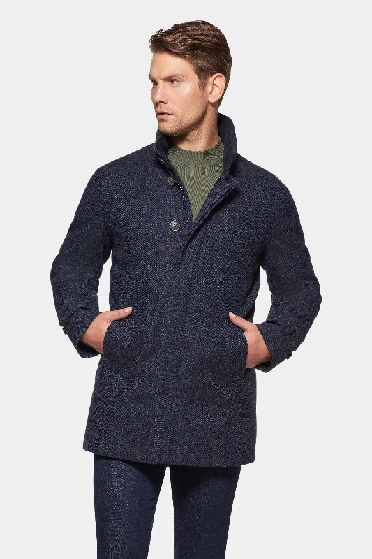 Men's Coats for Winter SportsCashmere Wool Car Coat, British Blue Herringbone