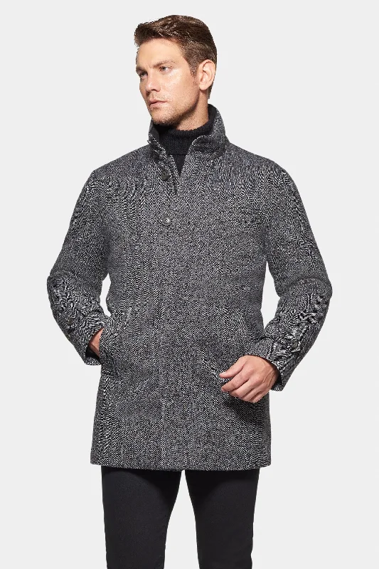 Casual Men's Bomber JacketsCashmere Wool Car Coat, Grey Black Herringbone