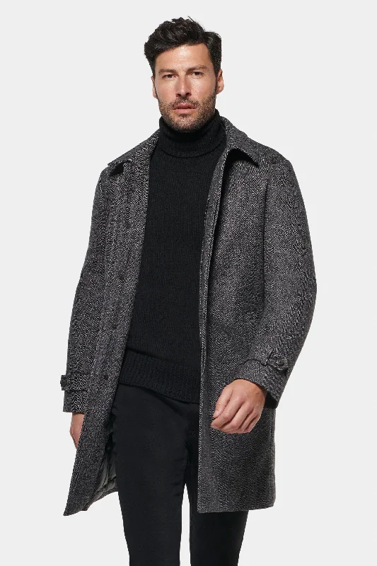 Men's Coats with Magnetic ClosuresCashmere Wool ¾ Length, Grey Black Herringbone