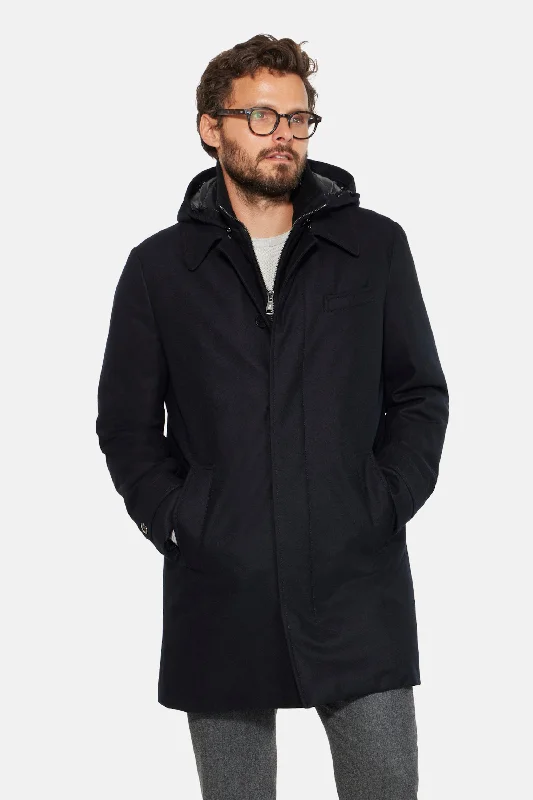 Men's Coats with VentilationHooded Stretch Wool Euro Coat, Black