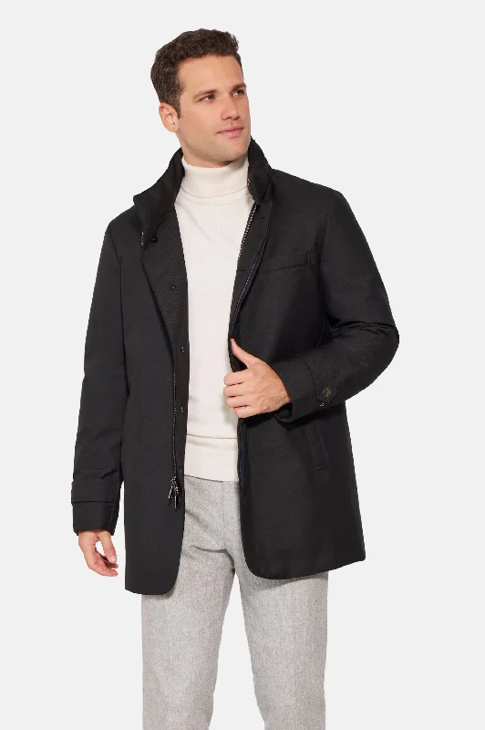 Men's Coats with Convertible CollarsHooded Wool Twill Car Coat, Black