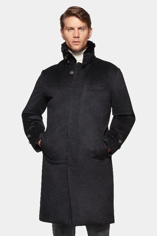 Men's Coats for Rainy WeatherPure Cashmere Fur Trimmed Topcoat, Black