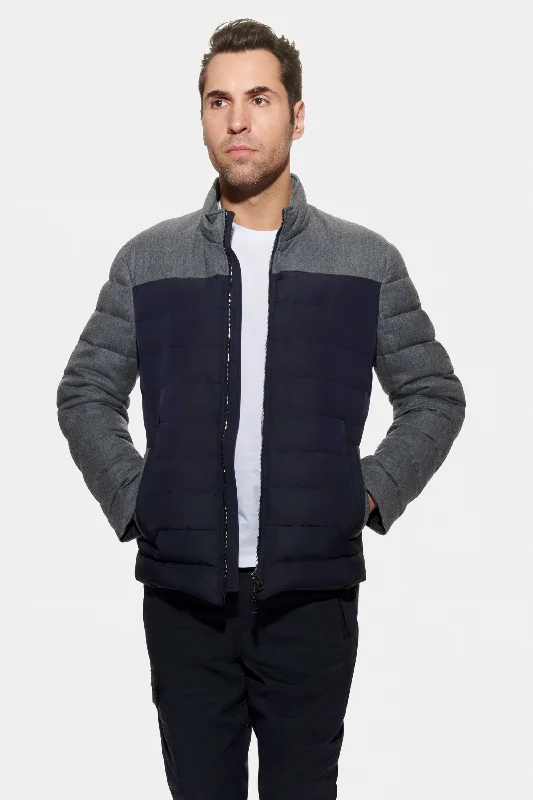 Men's Coats with Reflective StripesMixed Media Stretch Wool Bomber, Charcoal